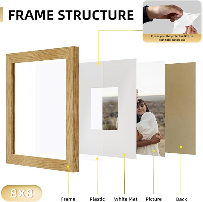 YESKAY 8x8 Picture Frame Set of 9, Photo Gallery Wall Frame Set, Display Pictures 4x4 with Mat or 8 x 8 Without Mat, Square Frame Picture Frames Collage Wall Decor, Natural Oak