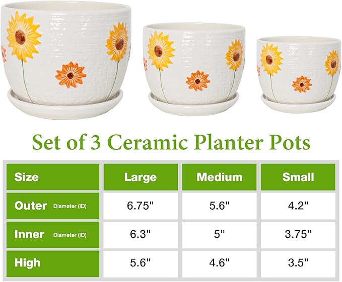 Hlukana Ceramic Plant Pots Set of 3, 6.75/5.6/4.2 inch Planters with Drainage Holes and Saucer, Flower Pots Outdoor Indoor, Modern Decorative Planters for House Plants Garden Planters Succulent Pots