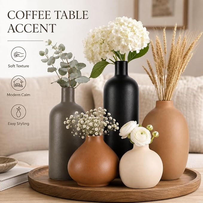 Ceramic Vase Set of 5, Modern Vases Home Decor, Neutral Decorative Vases for Pampas Grass Dried Fresh Flowers, Small Vase Set for Living Room Kitchen Bedroom Bathroom Entryway Mantel Decor