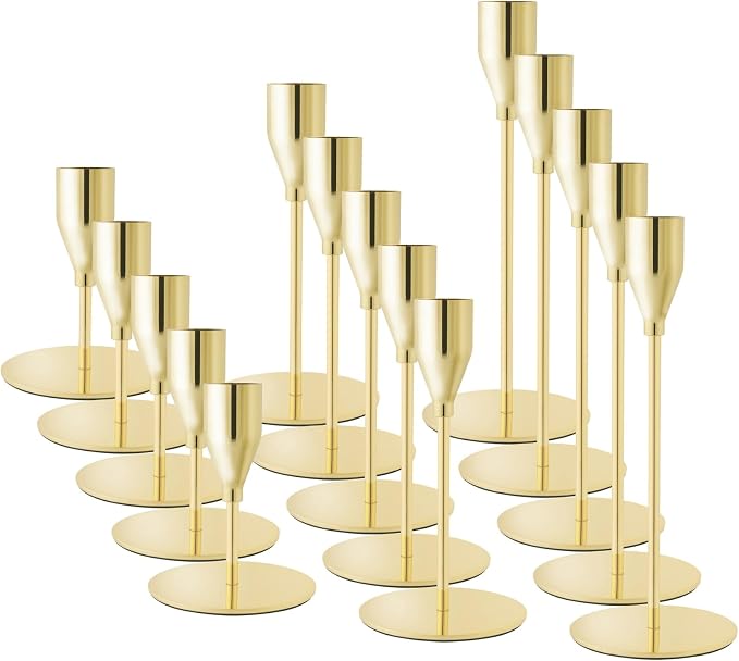 Gold Candlestick Holders, Metal Taper Candle Holders, Bulk Set of 15 | Elegant gold candle stands, 3 heights,for wedding centerpieces, dining tables, mantels, Thanksgiving,Christmas and home decor