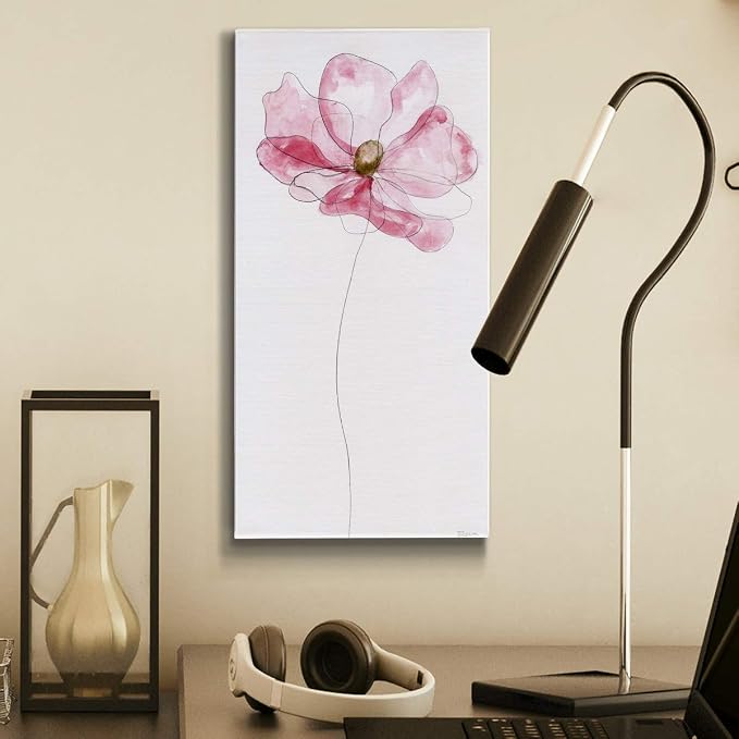 Renditions Gallery Canvas Floral Wall Art Modern Decorations Paintings Pink Flower Sketch Romantic Canvas Romantic Botanical Wall Hanging for Bedroom Office Kitchen - 8"x16" LT43
