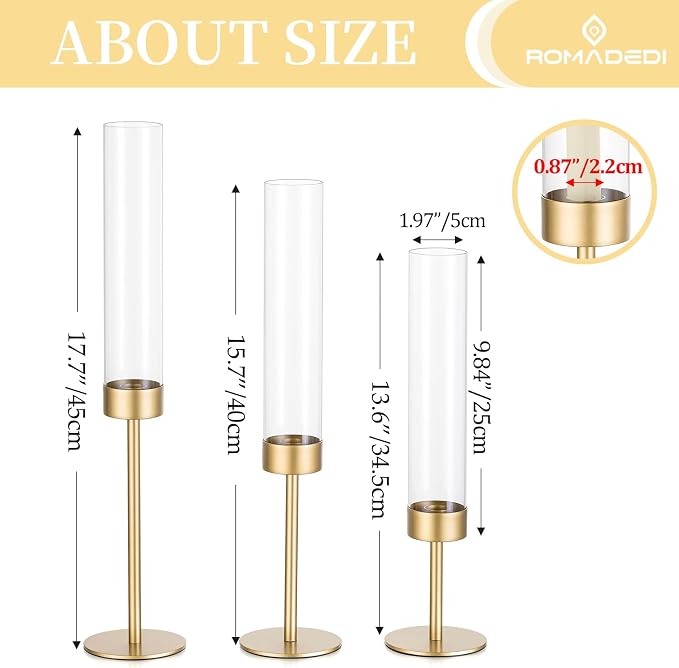 Romadedi Glass Hurricane Candle Holders for Candlestick, Gold, Set of 3
