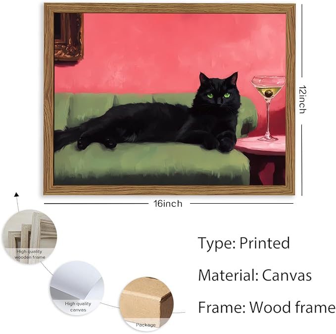 Cute Black Cat With Martini Wall Art Funny Animal Wall Decor Quirky Whimsical Cocktail Bar Cart Canvas Painting Poster Prints Pet Lover Picture Aesthetics for Bedroom Living Room Framed 12x16 inch