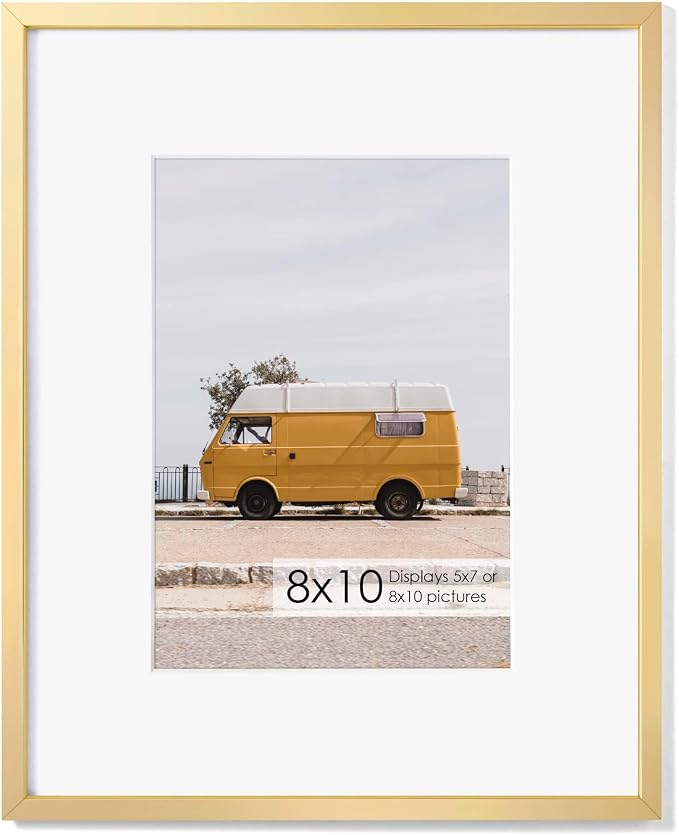 Fun Memories 8x10 Inch Metal Picture Frame - Aluminum Photo Frames - 5x7 Mat - Ideal for Wall or Tabletop Display - Wall Hook Hanging Hardware Included - Gold - Set of 1