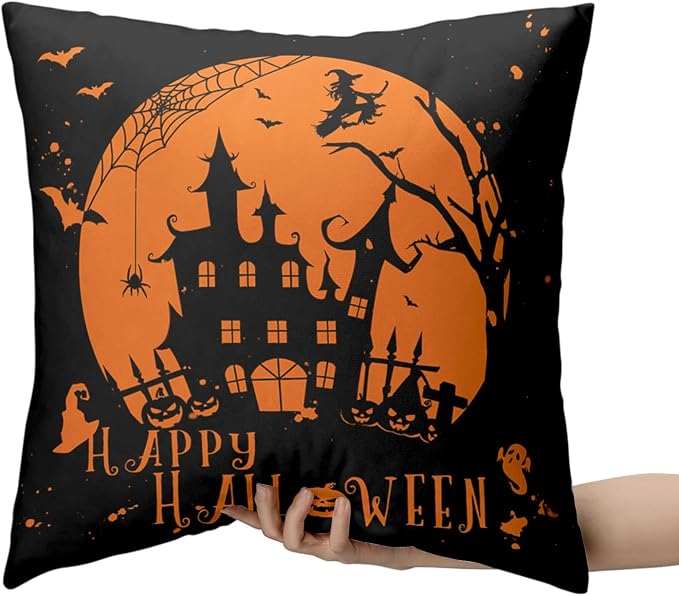 Happy Halloween Pillow Covers 18x18 Set of 2 Witch Castle Spider Web Decorative Pillows Covers Orange and Black Pillow Covers Halloween Decoration for Living Room Sofa