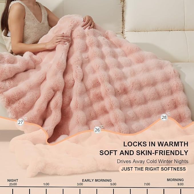 Soft Faux Rabbit Fur Throw Blanket Luxury Super Comfy Double Sided Ultra Cozy Thick Warm Fluffy Blanket for Couch Chair Sofa Bed Living Room Camping, Plush Fuzzy Bubble Blanket, 970 GSM, 50''x60''