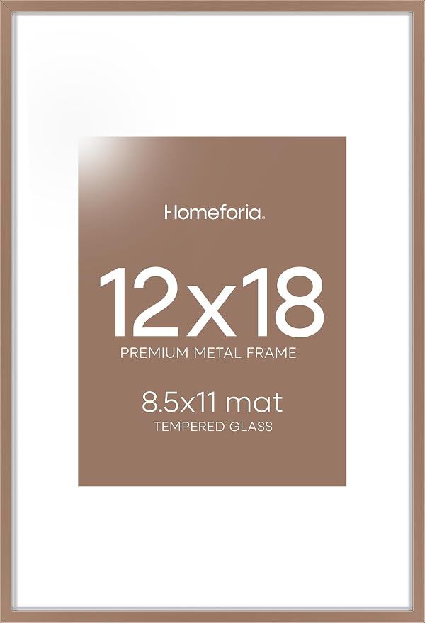 Homeforia 12x18 Mocha Picture Frame, High-End Metal, 8.5x11 Mat, Glass