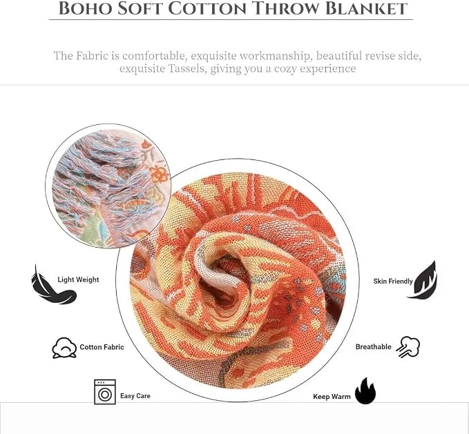 Boho Throw Blanket for Bed 100% Cotton Bohemian Blankets Ultra Soft Woven Muslin Decorative Blankets All Seasons Vintage Quilt Knitted Blanket for Sofa Chair(Orange, 80"x90")