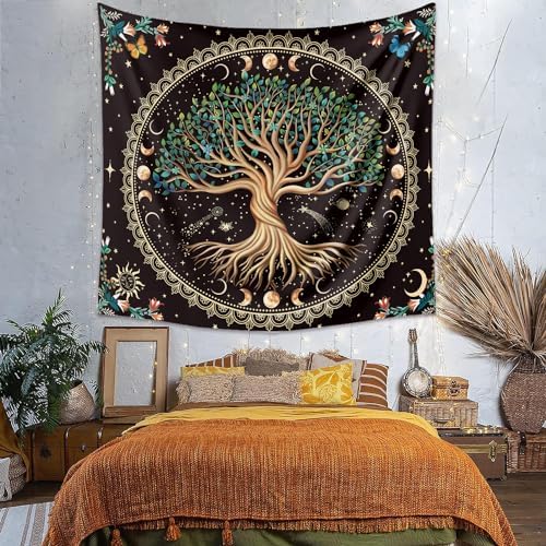 Moon Phase Tree of Life Tapestry Nature Flower Plant Butterfly Tapestries Boho Mandala Spiritual Tapestry Aesthetic Wall Hanging for Home Decor Bedroom Living Room Dorm Decor (35.44" x 47.25", Blue)