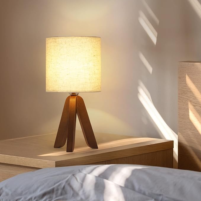 HAITRAL Wooden Tripod Table Lamp with Brown Base, Small Table Lamp,13.4Inch