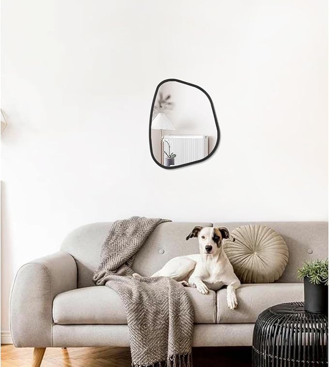 Asymmetrical Mirror for Wall Irregular Oval Wood Frame Modern Unique Accent Wall Mirror Decorative Vanity Bathroom Living Room Bedroom Entryway Hallway Artistic Wavy Mirror Small 14"x10"