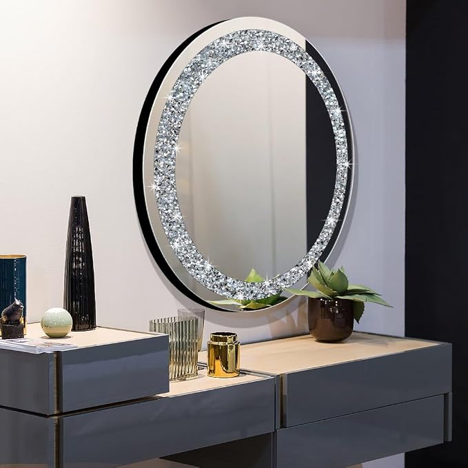 QMDECOR Round Wall Mirror 28x28 inch Crystal Crush Diamond Decor for Home Decoration Silver Mirror.