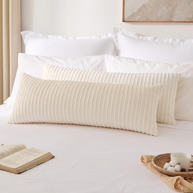 Kevin Textile Striped Corduroy 14”x36” Pillow Cover 1 Pack, Cream White