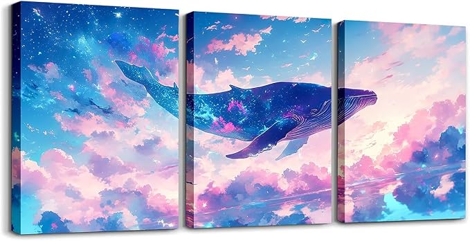 Feelyou Pretty Whale 3 Piece Canvas Wall Art for Living Room Bedroom Pink Blue Galaxy Wall Art for Home Decor Ocean Animal Office Wall Decor Nebula Wall Painting