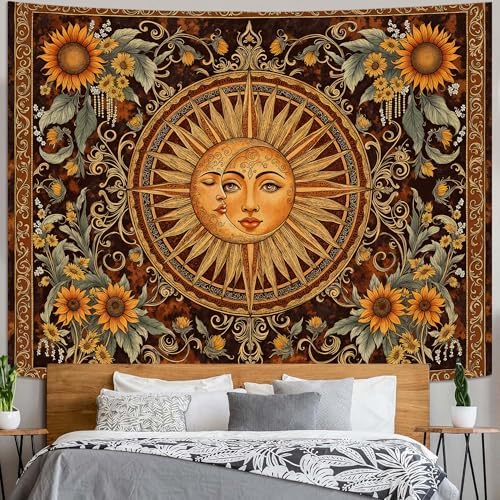 Accnicc Vintage Sun and Moon Tapestry Wall Hanging Boho Floral Sunflower Indie Wall Tapestry Aesthetic Celestial Brown Orange Small Hippie Tapestries for Bedroom Living Room Decor 60 x 44 Inch
