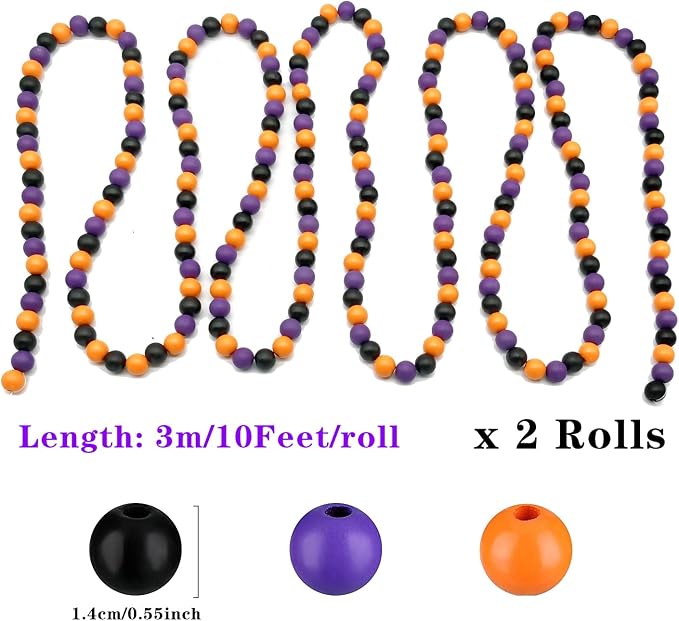 2 Pack Wooden Bead Garland - 10 Feet Halloween Wood Bead Decoration, 14mm (Orange, Purple and Black Color)
