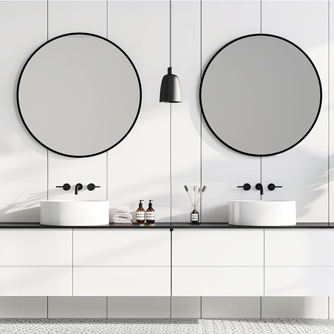 Round Black Mirror 28 inch, Circle Mirror, Matte Black Metal Frame | Large Circular Wall Mounted Mirrors for Bathroom, Bedroom, Entryway, Living Room, Hallway, Over Sink, Vanity, Wall Decor, HD
