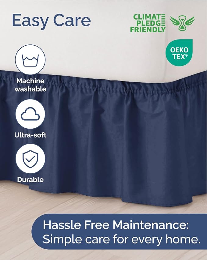 Wrap Around Dust Ruffle Bed Skirt, Queen Size - 24 Inch Drop, Navy Blue | Easy Fit Elastic Strap, Adjustable Pleated Bedskirt w/Brushed Fabric, Wrinkle & Fade Free, for Women, Men, Kids & Teens