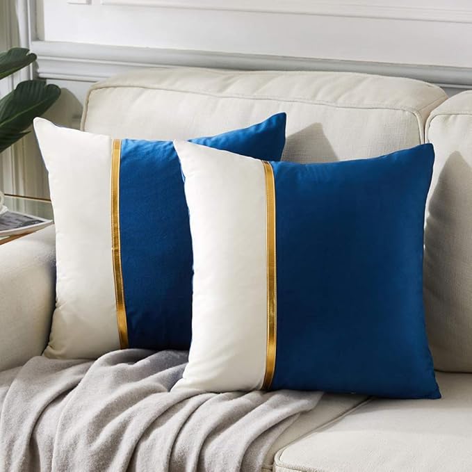 Fancy Homi 2 Packs Decorative Throw Pillow Covers 20x20 Inch for Living Room Couch Bed, Navy Blue and White Velvet Patchwork with Gold Leather, Luxury Modern Home Decor, Accent Cushion Case 50x50 cm
