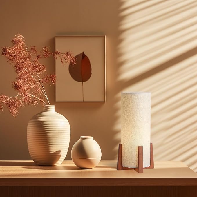 KUNJOULAM Modern Table Lamps, Nightstand Lamp with Linen Fabric Shade Brown Wooden Base, 13.9" Cylinder Bedside Table Lamp for Bedroom, Cafe, Living Room Home Decor