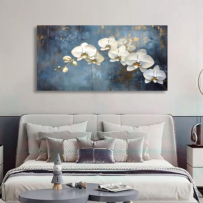 Abstract White Butterfly Orchid Canvas Wall Art for Living room Office Bedroom Flowers Wall Art Print Oil Paintings Modern Blue Gold Rain Mist Pictures Wall Decor Artwork Ready to Hang - 28in * 57inch