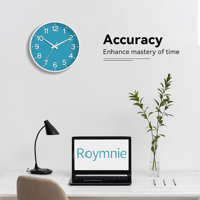 Roymnie 10 Inch Wall Clock Battery Operated Silent Non Ticking Analog | Blue modern analog; large 3D easy-read dial for kitchen, office, bathroom & bedroom; 1 AA battery (not included)