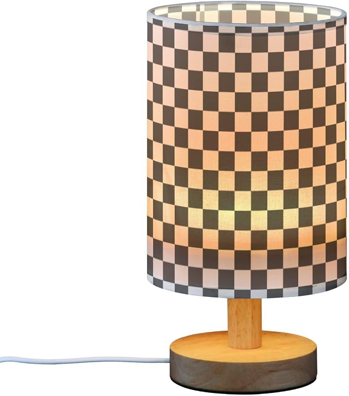 Bedside Lamp Black White Checkered Pattern Table Lamp for Bedroom LED Nightstand Lamp Shade USB Ports Wood Base for Living Room Dorm Office