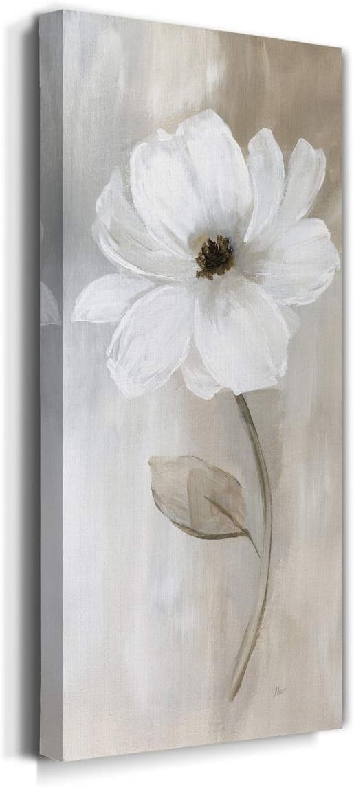 Renditions Gallery Canvas Floral Wall Art Modern Decorations Paintings Elegant White Rose Romantic Botanical Canvas Glam Wall Hanging Artwork for Bedroom Office Kitchen - 8"x16" LT43
