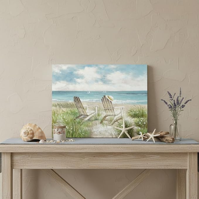 arttitue Seascape Wall Art Canvas Picture: Beach Chair Seascape Print Decor Ocean Coastal Scene Painting Seaside Sea Wave Grass Artwork for Bathroom Living Room