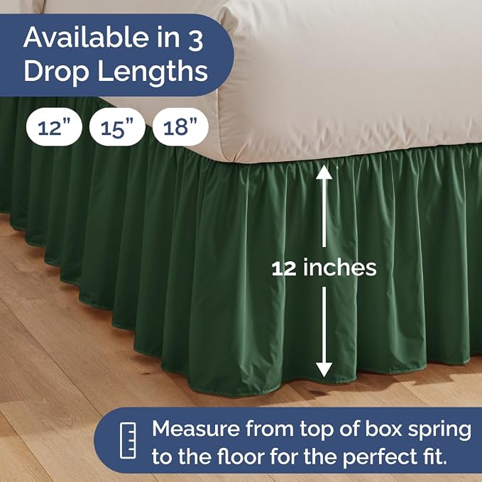 Bedskirt Queen Ruffle - Ruffled Bed Skirt - 12 Inch Drop - Emerald Green | Bedskirt with Platform, Ultra-Soft Premium Hotel Quality, Wrinkle Free, Fade & Shrink Resistant, for Women, Men, Kids & Teens