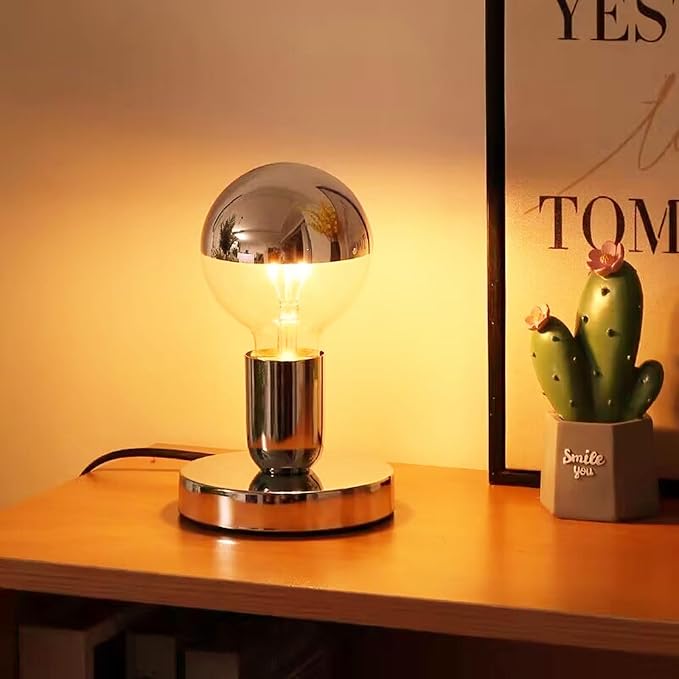 Simple Unique Lamp Base Only,Mini Bedside Table Lamp Bases,E26 Edison Light Bulb Stand Lamps for Small Spaces,Minimalist Desk Lamps Set w/ 5.8ft White Cord Switch Plug,No Bulb,Silver/Chrome,S