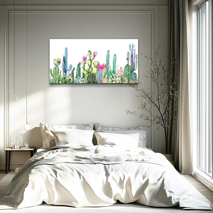 Wall Art for living room Canvas Prints Artwork bathroom Wall Decor Simple Life Green plants cactus Picture Watercolor painting Framed bedroom wall decorations Office posters Works Home Decoration