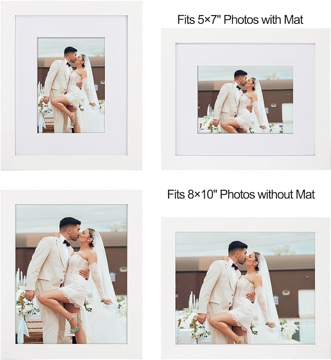 Boarding 8x10 Picture Frame-White,5x7 Mat,Tempered Glass,Engineered Wood