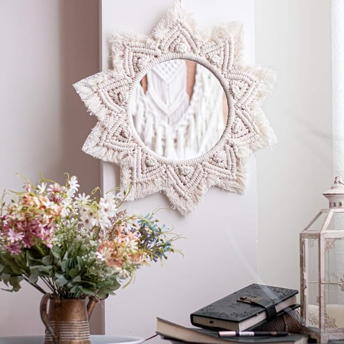 TENEWEE Small Macrame Boho Round Wall Mirror for Apartment & Rental Home | Handmade cotton, HD glass, easy hanging for entryway, dorm, bath & bedroom; farmhouse cottagecore wall small spaces decor