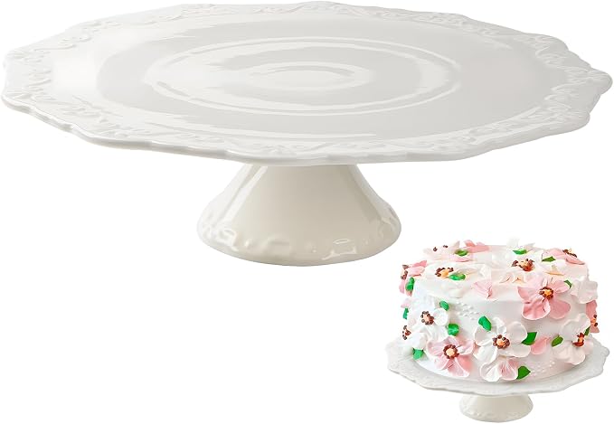 10 Inch White Ceramic Cake Stand (Holds 10 Inch Cake), Decorative Cupcake Stand, Dessert Display Plates for Snacks and Cookies, Baby Shower, Birthday, Wedding Party Decor