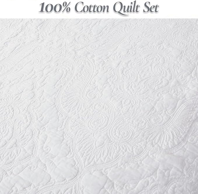 Cozy Line Home Fashions Solid White 100% Cotton Quilt Set, Queen | 3-Piece, Textured Damask Stitch Bedspread with King Shams, Quilted, Elegant All Season Hotel Style Bedding
