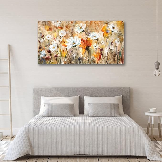 Large Flowers Wall Art White Daisy Canvas Pictures Abstract Orange Yellow Red Floral Wall Decor Elegant Artwork Painting Prints for Living Room Bedroom Kitchen Home Office Decoration Framed 29"x 58"