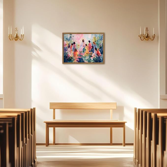 Framed Jesus With Children Wall Art, Christian Jesus Teaching Kids Wall Decor Paintings, Religious Nursery Poster Canvas Prints Artwork for Living Prayer Room Bedroom 12x16 inch