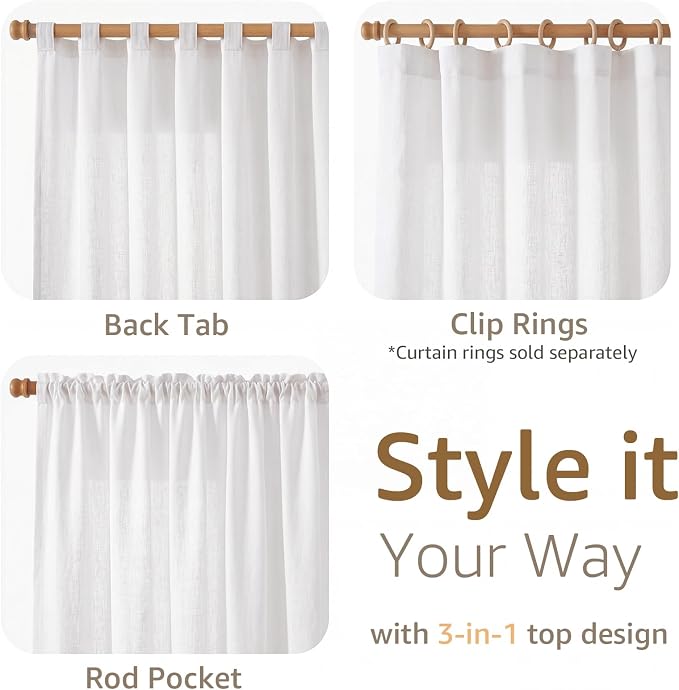 jinchan Linen Curtains Light Filtering Back Tab 50x84 Inch 2 Panels White | Semi Sheer Curtains 84 inch length for Bedroom Living Room, Modern Farmhouse Drapes with Rod Pocket, Natural Boho Curtains