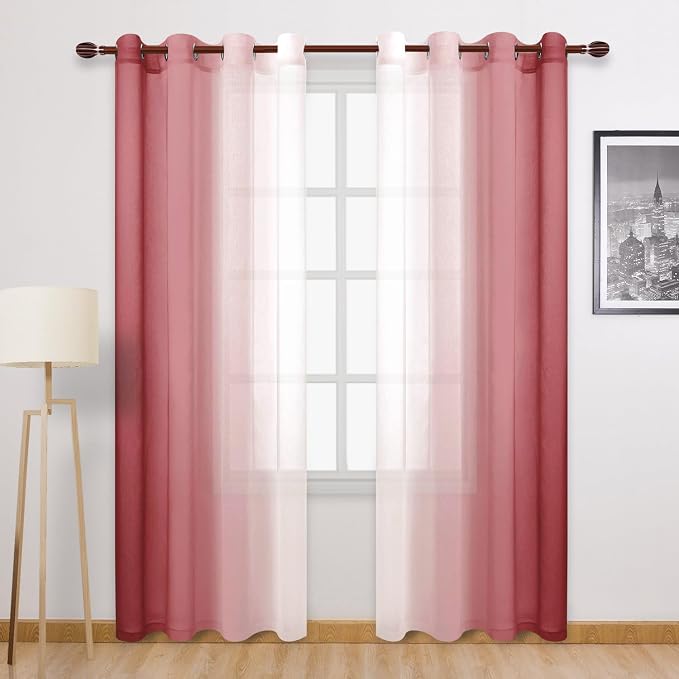 DWCN Faux Linen Ombre Sheer Curtains - Gradient Semi Voile Curtains for Bedroom and Living Room, Grommet Top Window Curtains, 2 Panels, 52 x 108 Inches Long, Burgundy