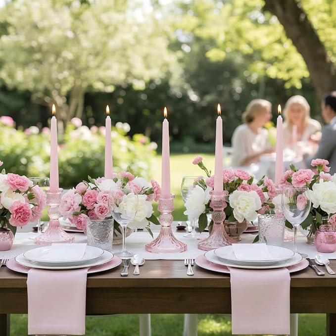 Glass Candle Holder Set of 12, Pink Taper Candle Holders Bulk | Vintage Candlestick Holders, Candle Stick Holder for Table Centerpieces, Wedding & Mother's Day