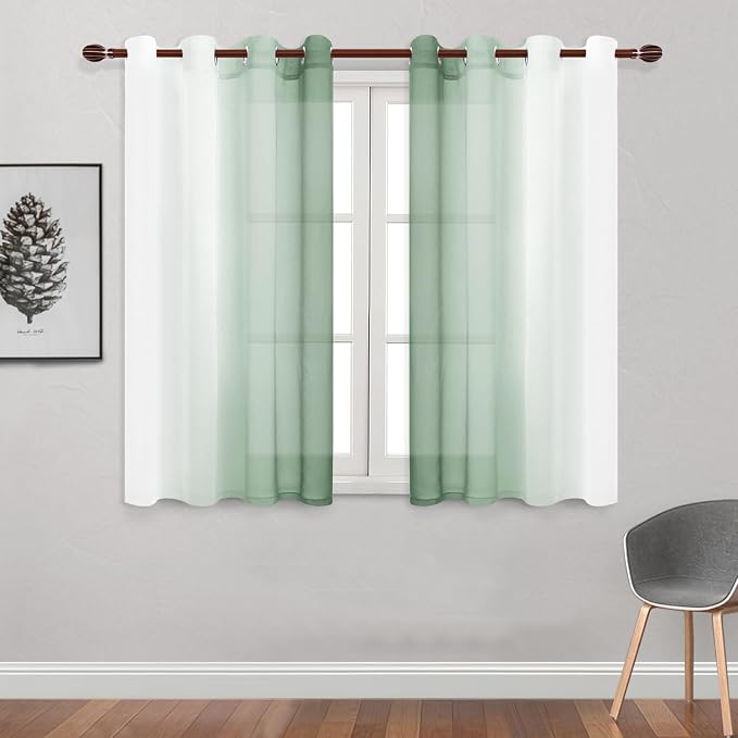 DWCN Light Sage Faux Linen Ombre Sheer Curtains - Short Curtains Gradient Semi Voile Curtains for Kitchen and Living Room, Set of 2 Grommet Top Window Curtain Panels, W52 x L54 Inches, Sage Green