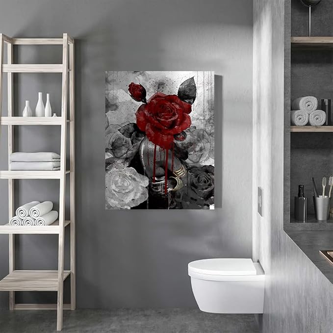 African American Wall Art Fashion Black Girl Picture Vintage Rose on Girl Head Wall Decor Abstract Painting Framed Modern Artwork for Bedroom Bathroom Office Home Decor 12x16 inch