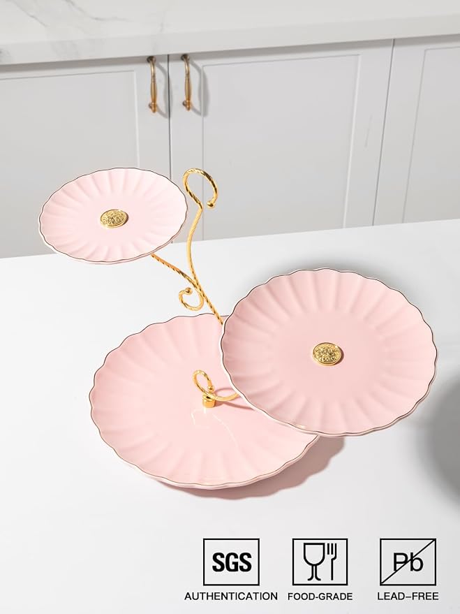Sweejar 3 Tier Ceramic Cake Stand Wedding, Dessert Cupcake Stand for Tea Party Serving Platter (Milk Pink)