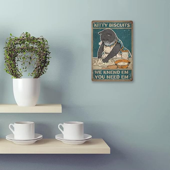 KKitty Biscuits - 8x12 Inches Retro Metal Tin Sign, Funny Cute Cat Wall Art Decor for Home Kitchen Farm Restaurant Bakery, Baking Sign Gift for Cat Lovers, Friends, Family