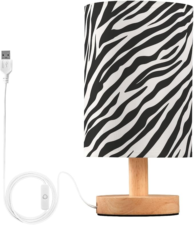 Bedside Table Lamp Zebra Animal Print Nightstand Lamp with Wood Black White Stripe Desk Lamps for Bedroom Living Room Nursery Office Home Decor