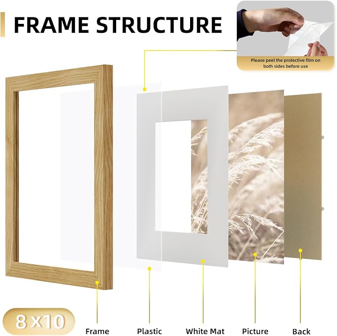 YESKAY 8x10 Picture Frame Set of 9, Display Pictures 5x7 with Mat or 8 x 10 Without Mat, Multi Photo Frames for Wall Mounting or Table Top Display, Natural Oak