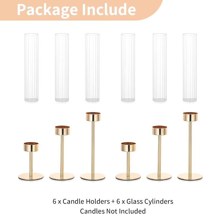NUPTIO Hurricane Candle Holder for Centerpiece: Set of 6 Tall Candle Stick Holder with Ribbed Glass Cover - Bulk Fluted Taper Candlestick Decor for Living Room Thanksgiving Christmas