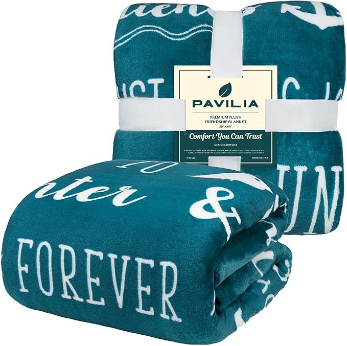 PAVILIA Best Friend Blanket - Friendship Gifts for Women, Soul Sister & Long Distance Bestie Gift, Soft Cozy Fleece Throw with Sentimental Quotes, BFF Birthday Gift Idea, Teal Sea Blue
