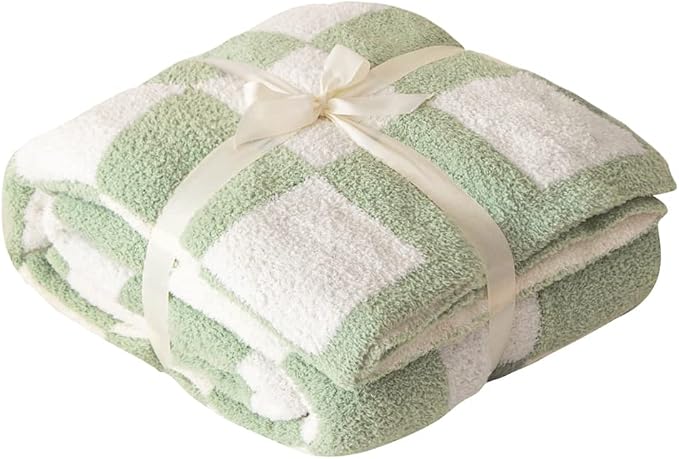Ultra-Soft Buffalo Checkerboard Grid Fluffy Microfiber Knitted Throw Blanket Super Cozy Lightweight Checkered Bed Blanket for Sofa Couch Bed Matcha 51"X63"